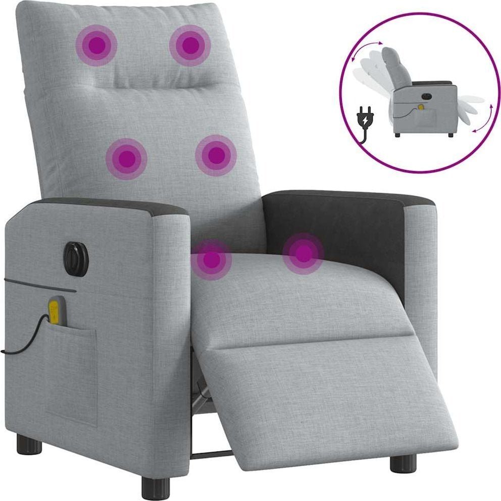 Rozkładany fotel masujący, elektryczny, jasnoszary, tkanina