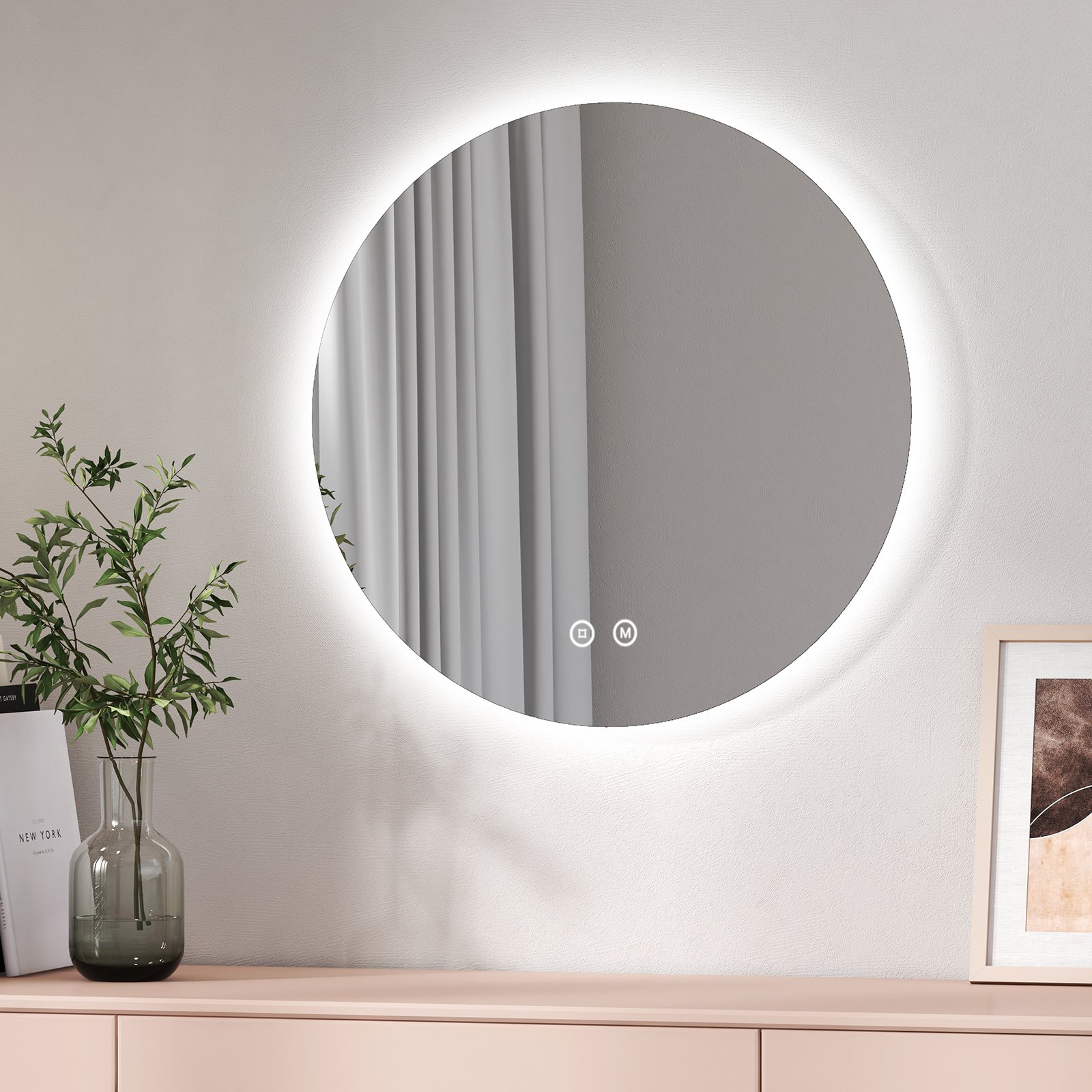 Lustro łazienkowe EMKE LED okrągłe średnica 60 cm, lustro łazienkowe z regulowanym oświetleniem, zimne białe, neutralne, ciepłe oświetlenie, lustro ścienne z przełącznikiem dotykowym