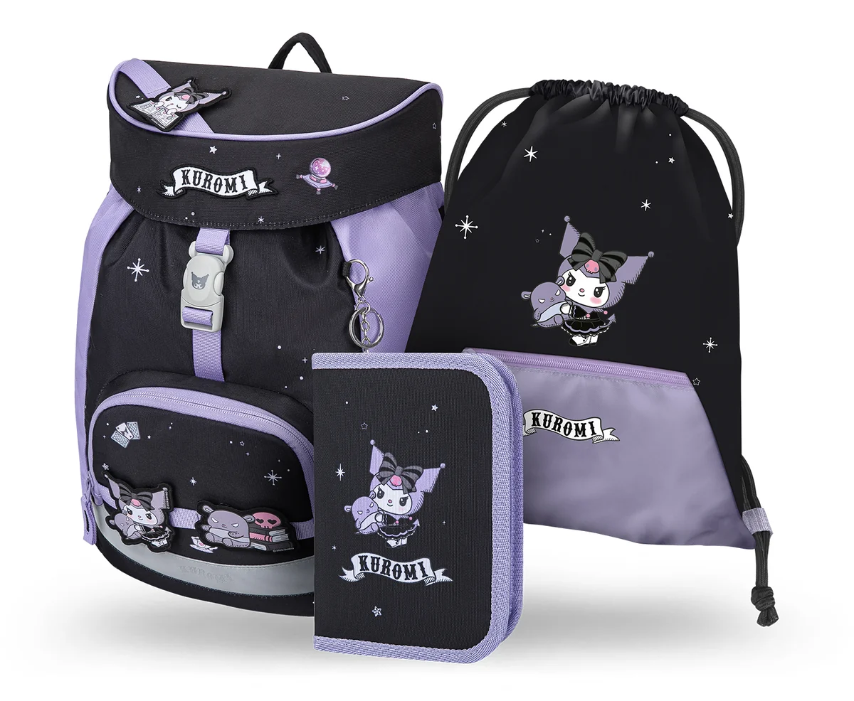 Zestaw Szkolny 3w1 BAAGL Tornister szkolny Airy Kuromi Fortune Dream Ultralekki 16,5L 24x36x18 cm Fioletowy dla dziewczynki + Piórnik, Worek na buty