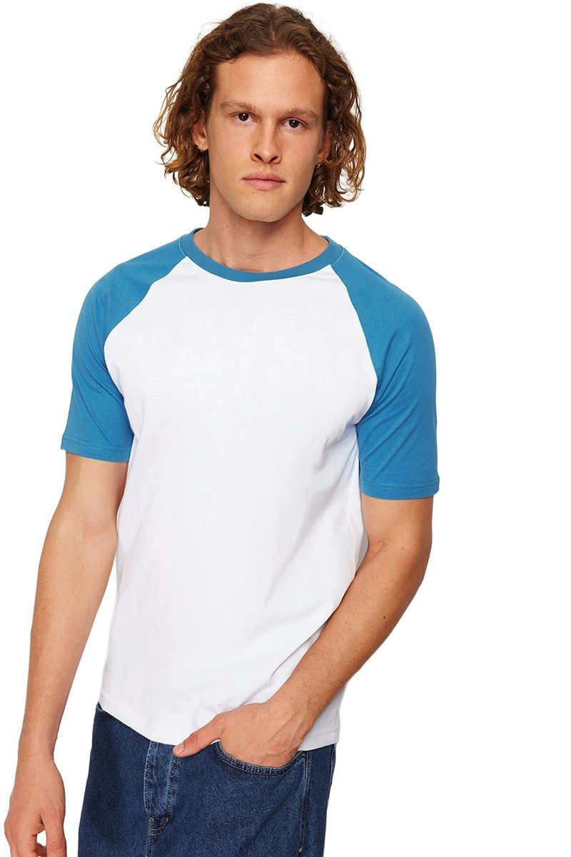TRENDYOL MAN MĘSKI T-SHIRT Z OKRĄGŁYM DEKOLTEM BIAŁO NIEBIESKI L 5DA