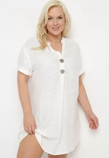 Biała Sukienka z Lnem Pudełkowa z Krótkim Rękawem i Guzikami Effienu - Sukienki - miniaturka - grafika 1