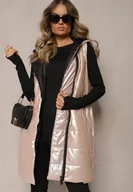 Kamizelki damskie - Jasnobeżowa Długa Kamizelka Pikowana z Naszywką i Kapturem Mevianis - miniaturka - grafika 1