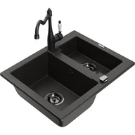 Zlewozmywaki z baterią - Mexen Carlos zlewozmywak granitowy 1,5-komorowy z baterią kuchenną Carla, czarny/złoty metalik - miniaturka - grafika 1