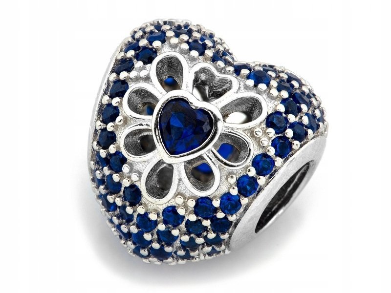 Srebrny charms beads 925 do bransoletki serce z niebieskimi cyrkoniami