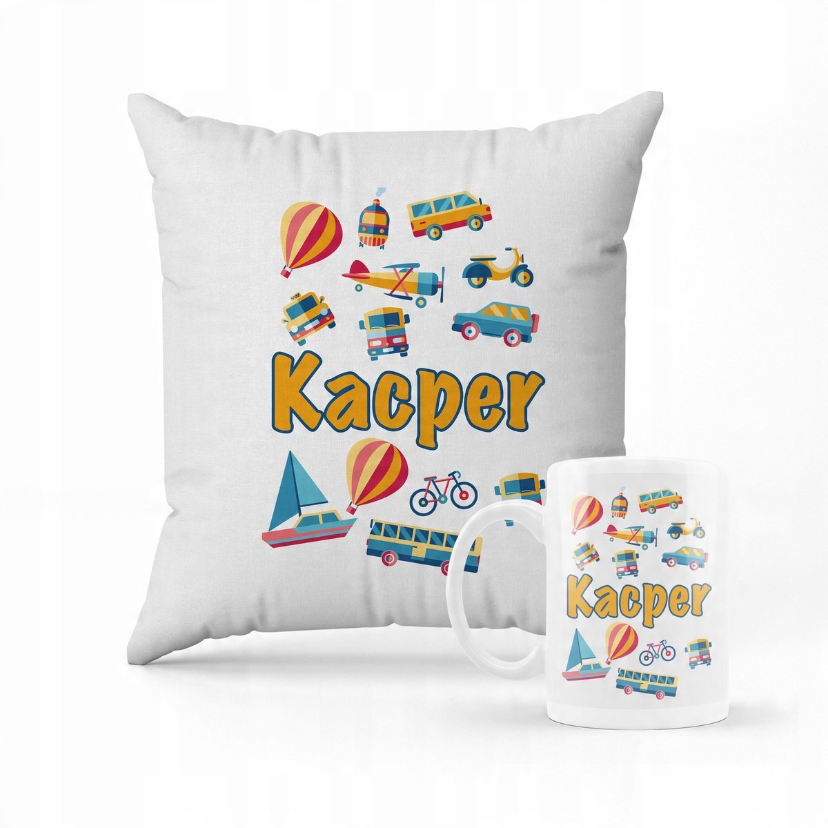 Zestaw Poduszka + Kubek Do Przedszkola Auta + IMIĘ