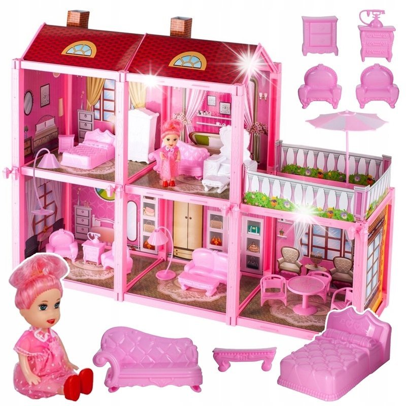 DOMEK DLA LALEK RÓŻOWA VILLA 5 POMIESZCZEŃ + LALECZKA + MEBLE Z TARASEM