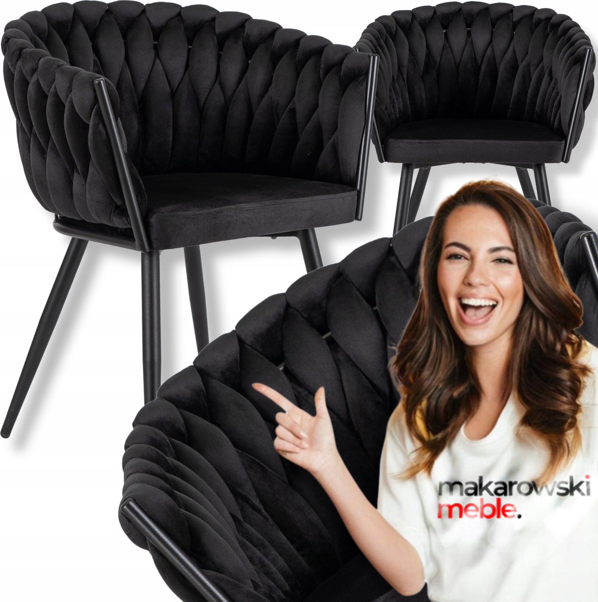 Krzesło Tapicerowane Welur Glamour ELENA Plecione Czarne Do Salonu Jadalni