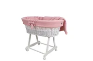 Łóżeczka i kojce - Wiklinowy kosz Mojżesza AMELIA biały z pościelą muślinową różową. - miniaturka - grafika 1