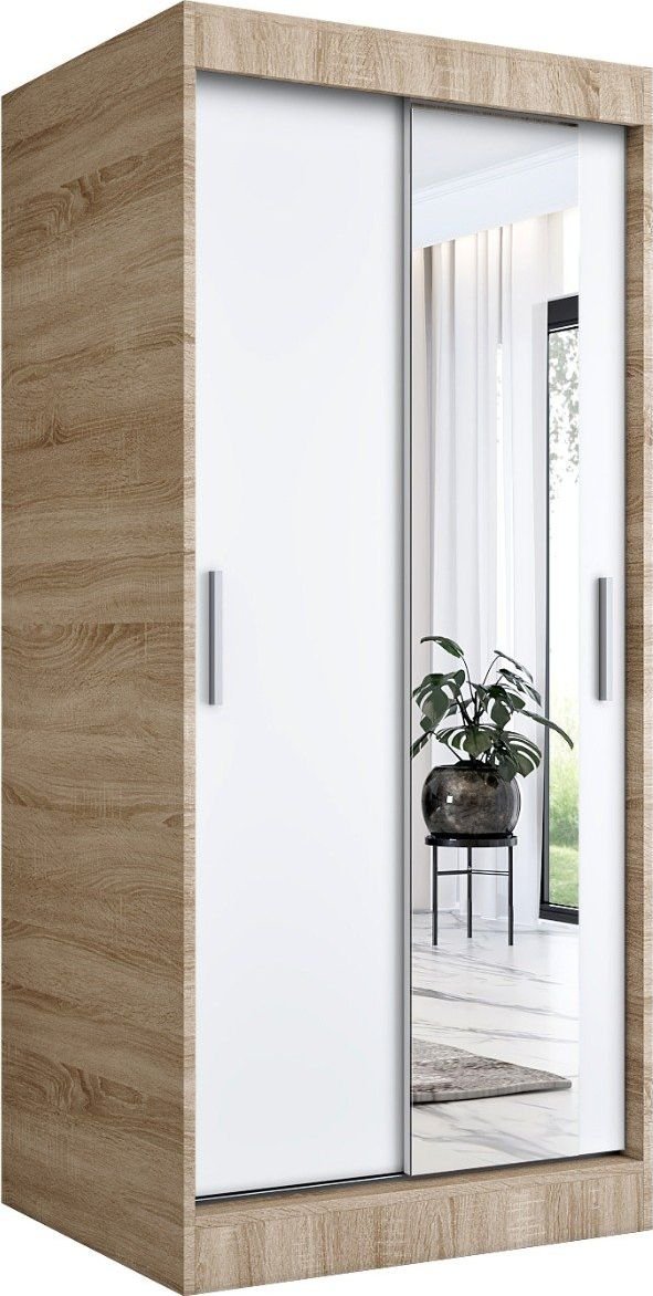 MKPOL Szafa przesuwna MODUO COMFORT 90 dąb sonoma/biała mat z lustrem po prawej