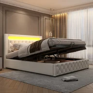 Łóżka - Łóżko tapicerowane 160x200cm z podstawą łóżka i stelażem z listew, oświetleniem LED i funkcją przechowywania, podwójne łóżko wykonane z PU, białe - miniaturka - grafika 1