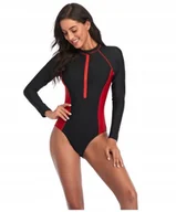 Stroje kąpielowe - JEDNOCZĘŚCIOWY CZARNO-CZERWONY STRÓJ KĄPIELOWY DŁUGI RĘKAW ZAMEK L - miniaturka - grafika 1