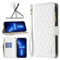 Etui i futerały do telefonów - Do iPhone'a 13 Pro Max Diamond Lattice Zipper Wallet Skórzane etui na telefon z klapką Biały - miniaturka - grafika 1