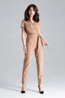 Kombinezony - Klasyczny KOMBINEZON z luźną draperią ZAMEK KRÓTKIE RĘKAWY brązowy M - miniaturka - grafika 1