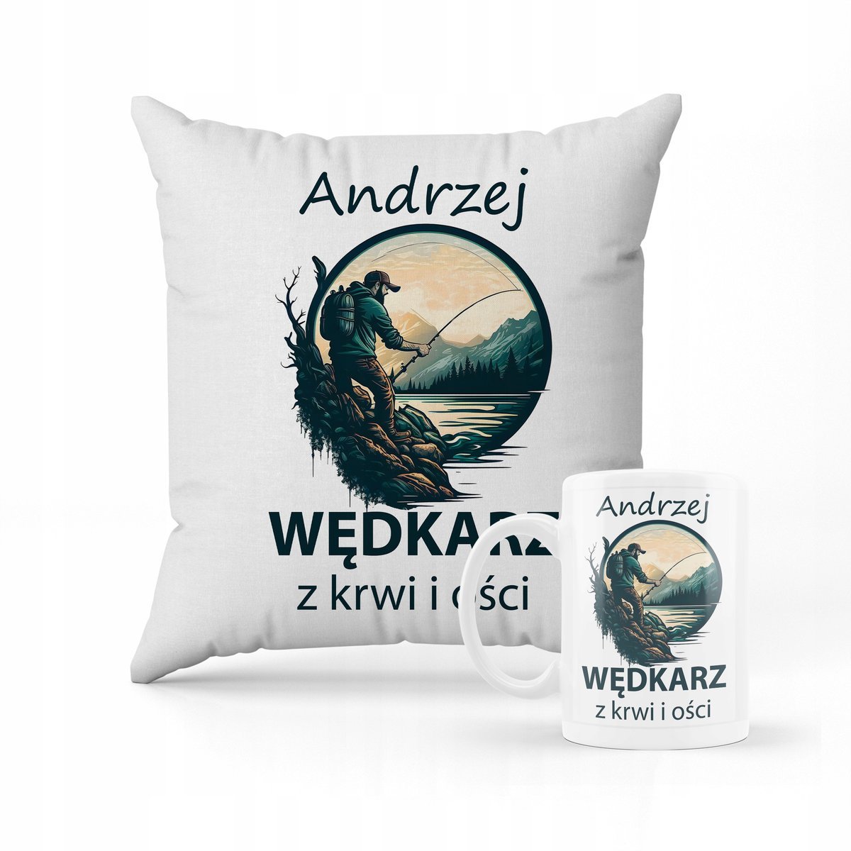 ZESTAW PODUSZKA + KUBEK Prezent dla wędkarza + IMIĘ 3