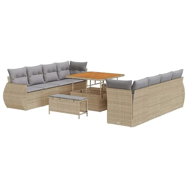 Modułowy zestaw kanapowy dla 4 osób, rattan, jasnoszare poduszki, beżowy