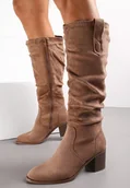 Kozaki damskie - Ciemnobeżowe Kozaki przed Kolano na Słupku Cersinda - Renee - miniaturka - grafika 1