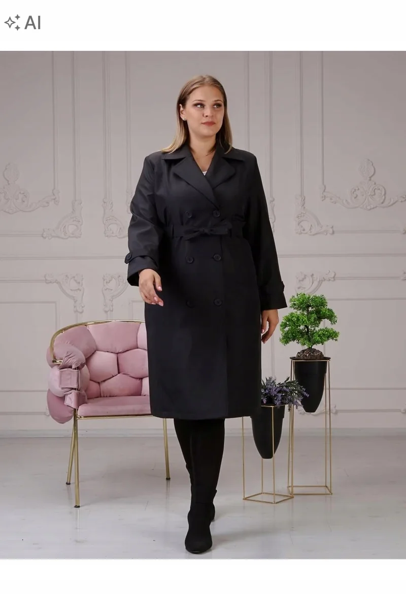 DERFA CZARNY PŁASZCZ TRENCZ Z WIĄZANIEM I KOŁNIERZEM 52 5IA