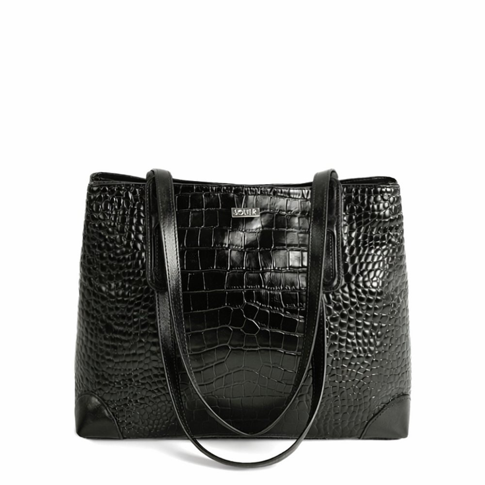 Skórzana torebka damska duża shopperka Solier FL56 ALEN czarna