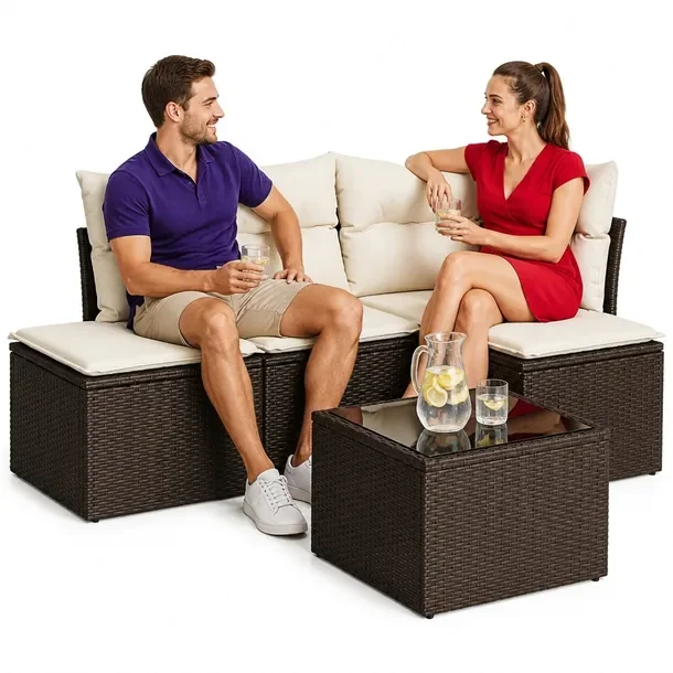 Zestaw mebli ogrodowych z rattanem PE, brązowy, wymiary: 62x62x69 cm