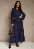 Sukienki - Granatowa Sukienka VICES Koszulowa z Falbaną w Rustykalnym Stylu Arivite - miniaturka - grafika 1