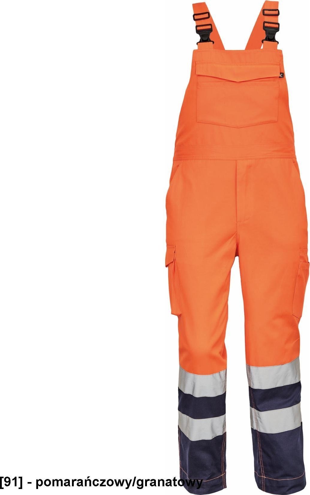 CERVA LORCA HV męski spodnie ogrodniczki wykonane z materiału Hi-Vis posiadające elastczne szelki z plastikowymi klamrami i - żółty-granatowy 56