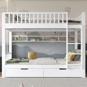 Łóżka dla dzieci i młodzieży - Rozdzielane łóżko piętrowe 2 x 90 x 200 cm z 2 szufladami i półkami - Sosna i MDF - Białe (bez materaca) - miniaturka - grafika 1