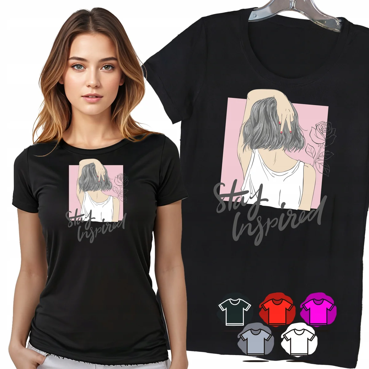 KOSZULKA DAMSKA T-SHIRT - STAY INSPIRED KOBIETA KWIATY MOTYW MODA WZÓR - 3X