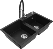 Zlewozmywaki z baterią - Mexen Tomas zlewozmywak granitowy 2-komorowy z baterią kuchenną Aster, czarny - 6516-77-73450-07 - miniaturka - grafika 1