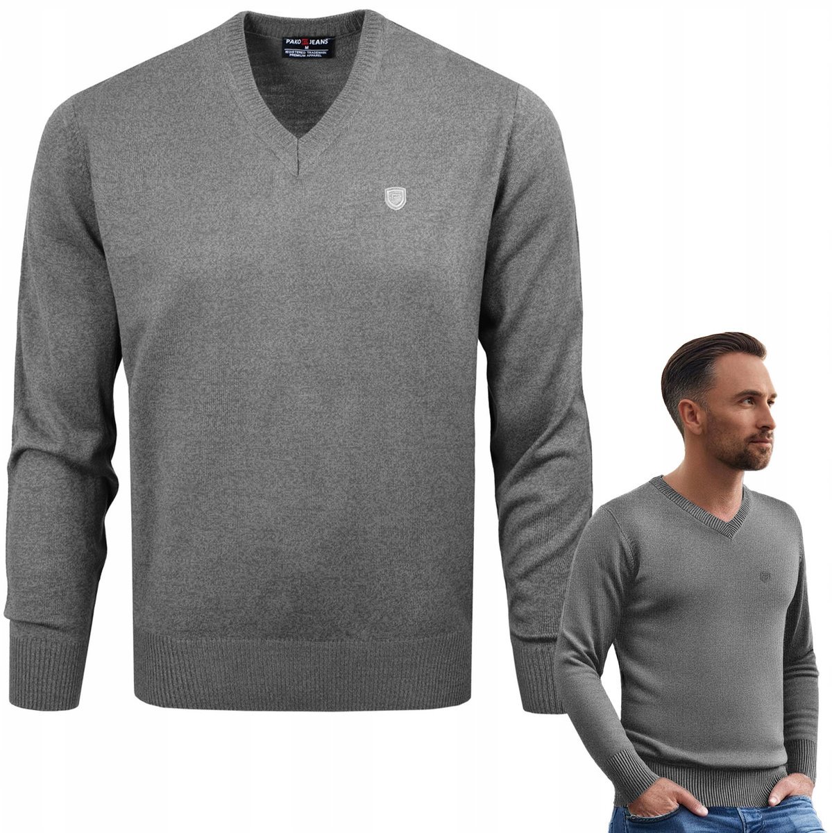 SWETER Męski w Serek Elegancki Gładki CIEMNOSZARY melanż M Pako Jeans