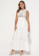 Sukienki - Biała Sukienka o Rozkloszowanym Kroju z Ażurowym Zdobieniem Rivanta - miniaturka - grafika 1