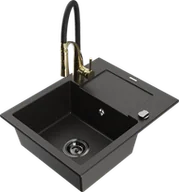 Zlewozmywaki z baterią - Mexen Enzo zlewozmywak granitowy 1-komorowy z ociekaczem i baterią kuchenną Aster, czarny/złoty metalik - 6506-75-73450-57-B - miniaturka - grafika 1