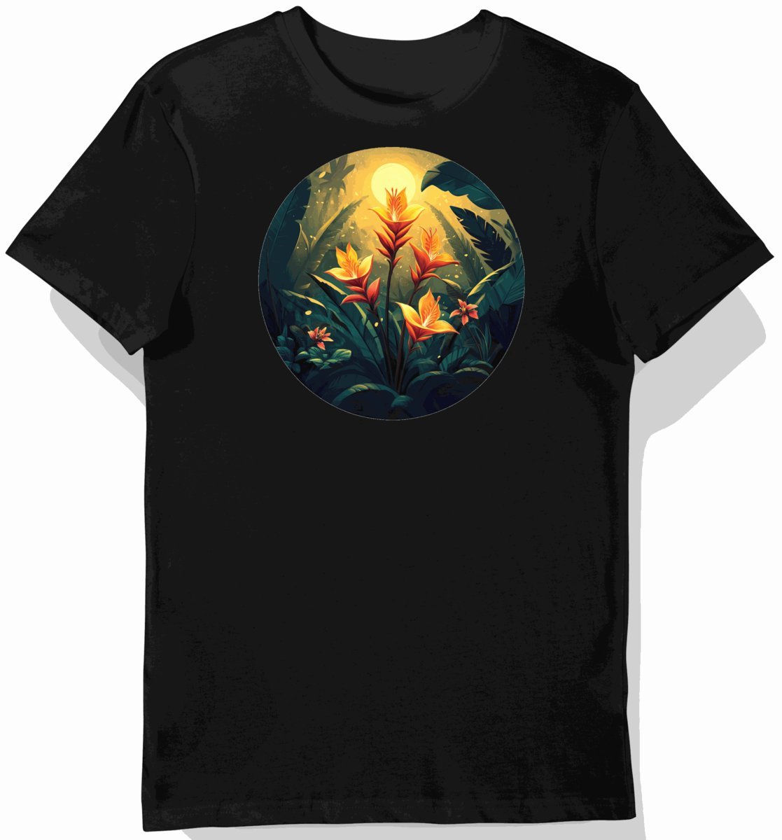 Koszulka męska czarna z nadrukiem pomarańczowych tropikalnych kwiatów XL