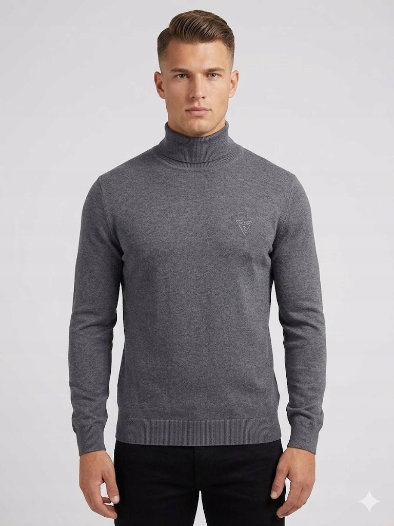 GUESS SZARY MĘSKI SWETER GOLF Z LOGO WEŁNA MELANŻ S 1GŁA