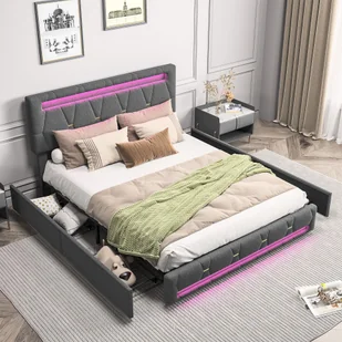 Łóżko tapicerowane Fortuna Lai 140x200cm z regulowanym zagłówkiem i 4 szufladami, oświetlenie LED, funkcjonalne łóżko dwuosobowe z lnu, szare - Łóżka - miniaturka - grafika 1