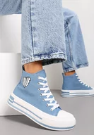 Trampki damskie - Niebieskie Sznurowane Trampki za Kostkę z Naszywką z Napisem i Grubą Podeszwą Bretva - miniaturka - grafika 1