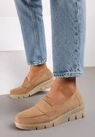 Półbuty damskie - Ciemnobeżowe Półbuty w Stylu Mokasynów na Koturnie ze Skórzaną Wkładką z Ozdobnym Paskiem Rieva - miniaturka - grafika 1