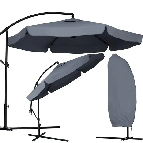 Parasol Ogrodowy Duży Regulowany Z Wysięgnikiem 350cm Szary + Pokrowiec