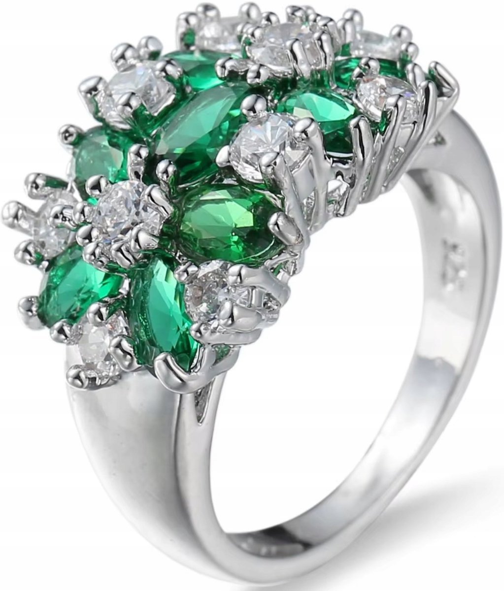 Srebrny Pierścionek ze Szmaragdami Cyrkoniami Kwiaty Stal Chirurgiczna