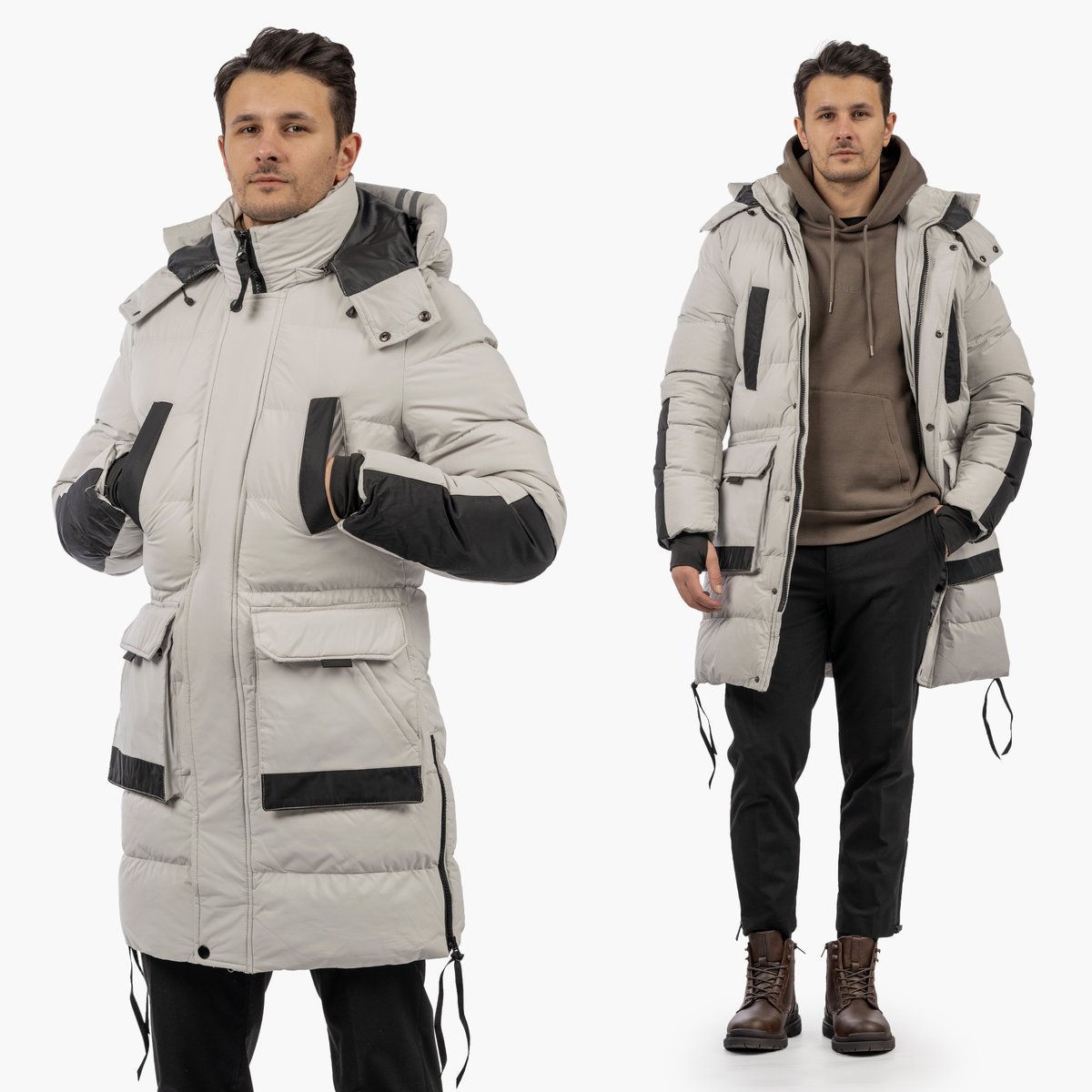 Kurtka Męska Długi Płaszcz Puchowy Pikowany Parka Biała z kapturem XL Biały