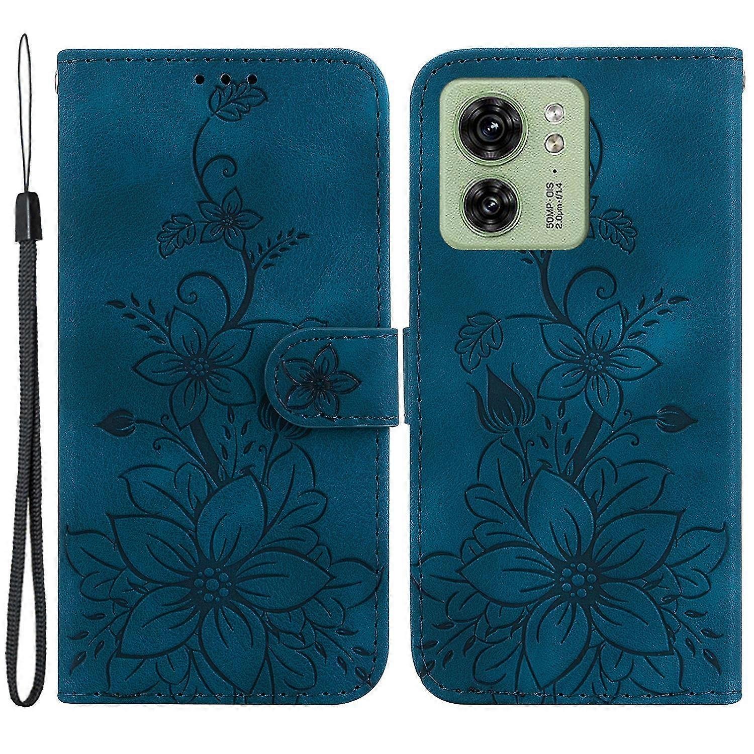 Dla Motorola Edge 40 5g Nadrukowany Lily Flower Phone Case Pu Skórzana osłona z portfelem Ciemny niebieski