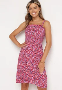 Fioletowo-Różowa Rozkloszowana Sukienka z Wiskozy z Regulowanymi Ramiączkami i Marszczoną Górą Jovemia - Sukienki - miniaturka - grafika 1