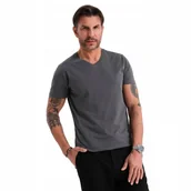 Koszulki męskie - Męska bawełniana koszulka dekolt serek BASIC grafitowa OM-TSBS-0237 V3 S - miniaturka - grafika 1