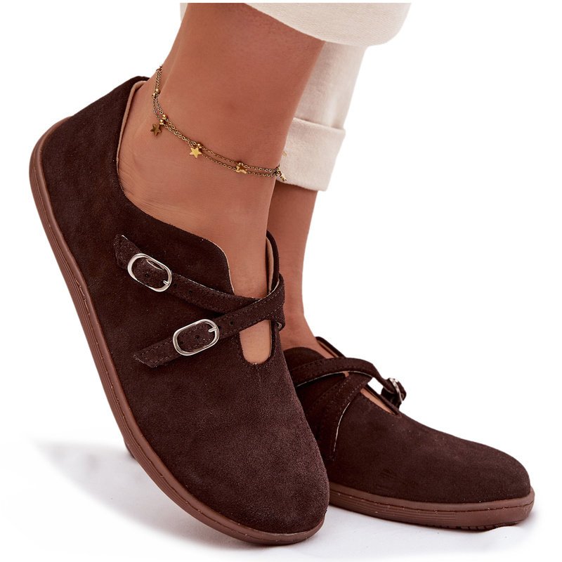 Skórzane Zamszowe Półbuty Barefoot Damskie Z Paskami Zazoo N1271 Czekoladowe 41-37