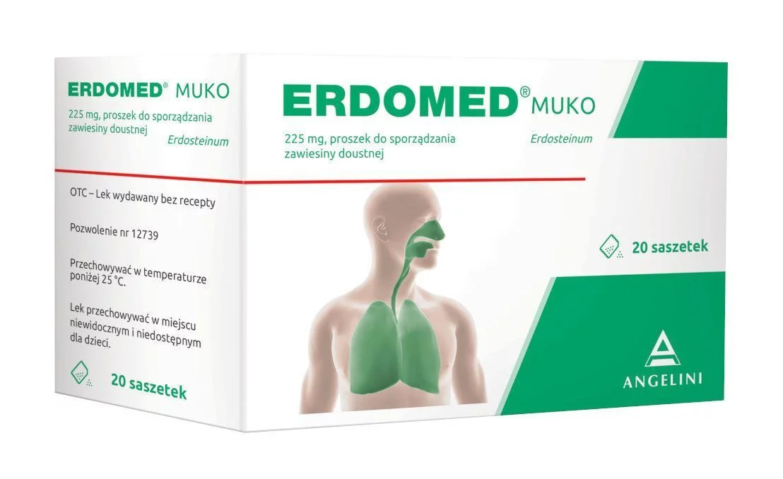 Erdomed Muko 225 mg, lek na kaszel mokry i zatkane zatoki, proszek do sporządzania zawiesiny doustnej, 20 saszetek