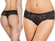 Bielizna nocna - Ewana 037 Koronkowe Stringi - Szorty Czarny M - miniaturka - grafika 1