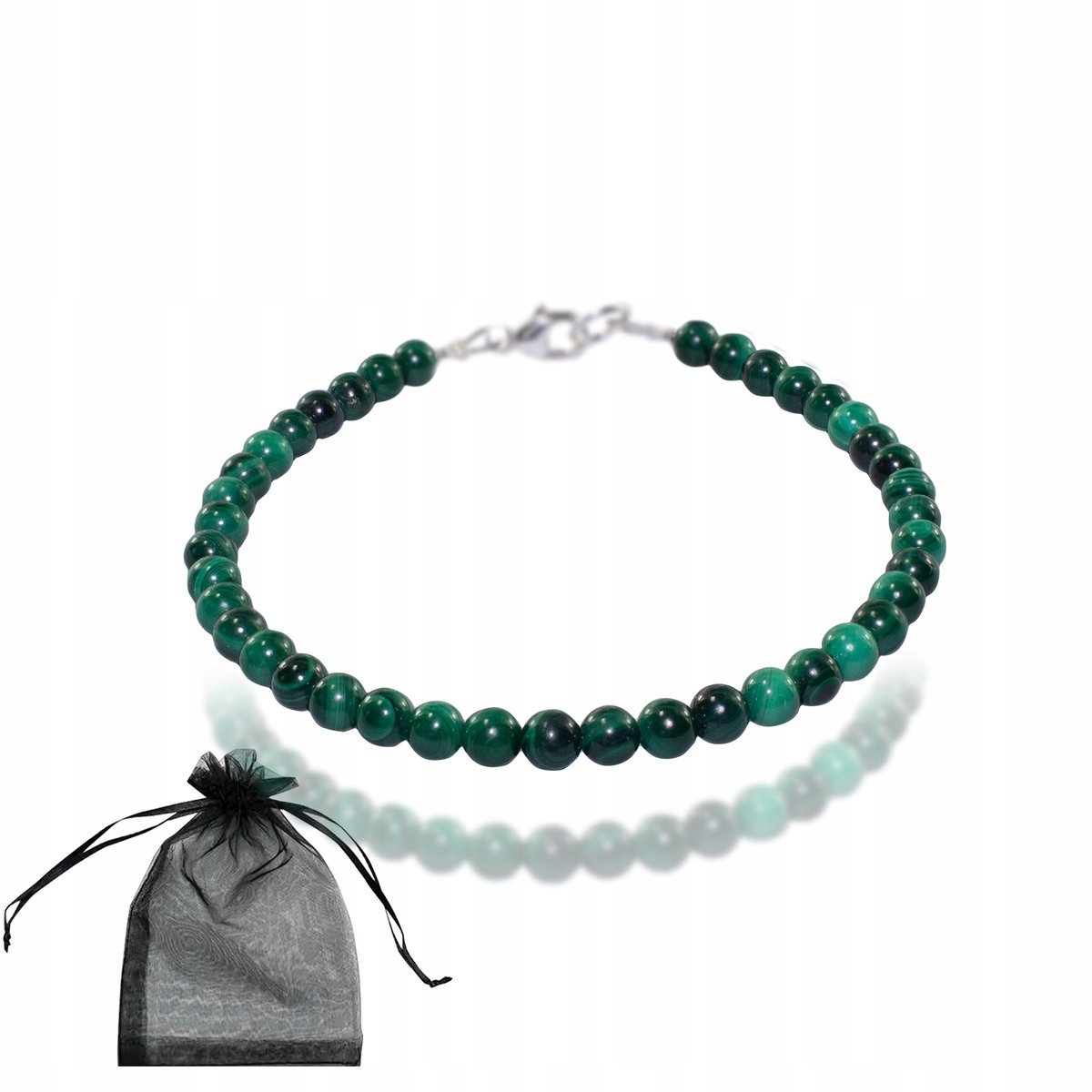 Bransoletka Naturalny Kamień Malachit kule 4mm Zapięcie Srebro 925 dł 18cm