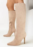 Kozaki damskie - Ciemnobeżowe Kozaki na Szpilce ze Szpiczastym Noskiem Velvita - Born2be - miniaturka - grafika 1