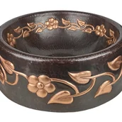 Umywalki - Miedziana umywalka nablatowa z Meksyku Plantas Flores – Okrągła umywalka łazienkowa z ręcznie kutej miedzi 43x18 cm Unikatowa miedziana umywalka - miniaturka - grafika 1