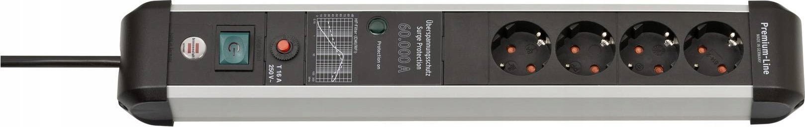 Listwa zasilająca Brennenstuhl Brennenstuhl Premium Protect Line 4-way, power strip black/silver, 60,000 A surge protection, 3 meters 1391010400