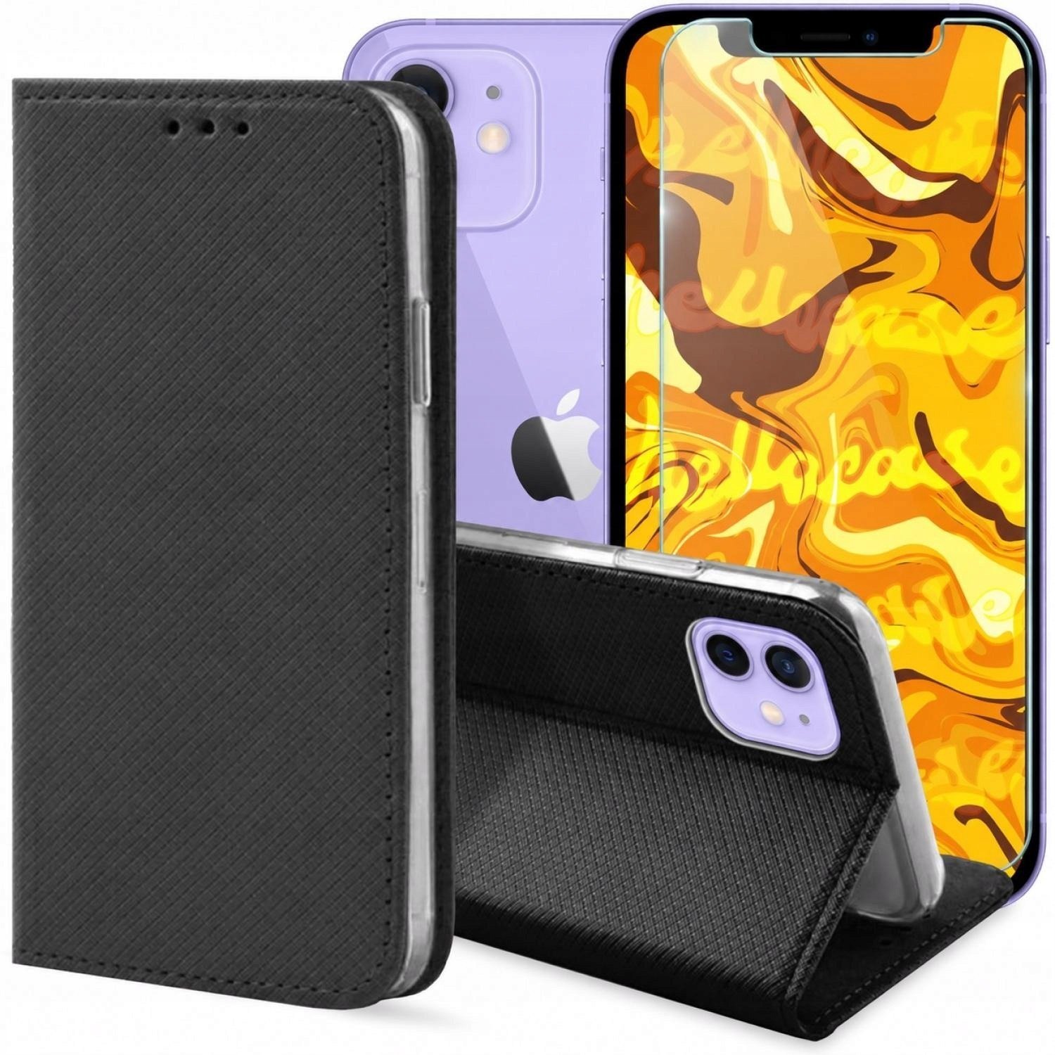 Hello Case Etui z Klapką do Apple iPhone 12 / 12 Pro czarne, zamykane, Case szkło BNDL0467
